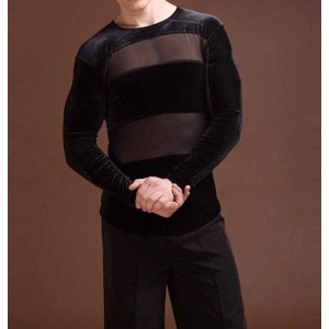 Men's Black velvet striped mesh Latin ballroom competition dance Shirt youth tango waltz Race Jersey Mesh Patchwork T shirt tops for man